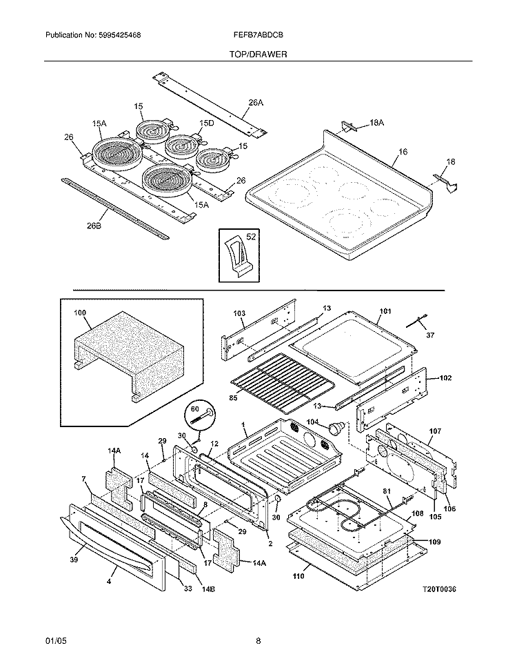 TOP / DRAWER Diagram and Parts List for FEFB7ABDCB  Frigidaire Range