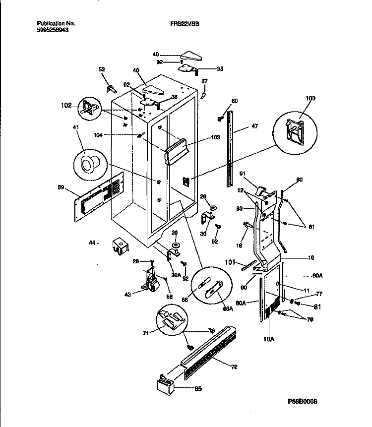 CABINET, LIGHT SHIELDS, MULLION Diagram and Parts List for FRS22VSBD0  Frigidaire Refrigerator