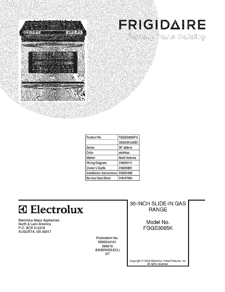 COVER Diagram and Parts List for FGGS3065KFA  Frigidaire Range