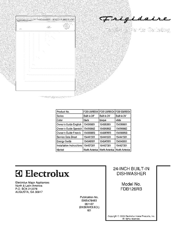 COVER Diagram and Parts List for FDB126RBS4  Frigidaire Dishwasher