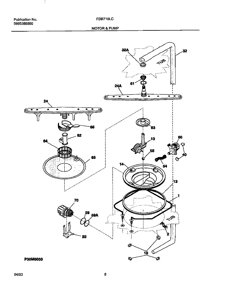 MOTOR & PUMP Diagram and Parts List for FDB710LCS0  Frigidaire Dishwasher