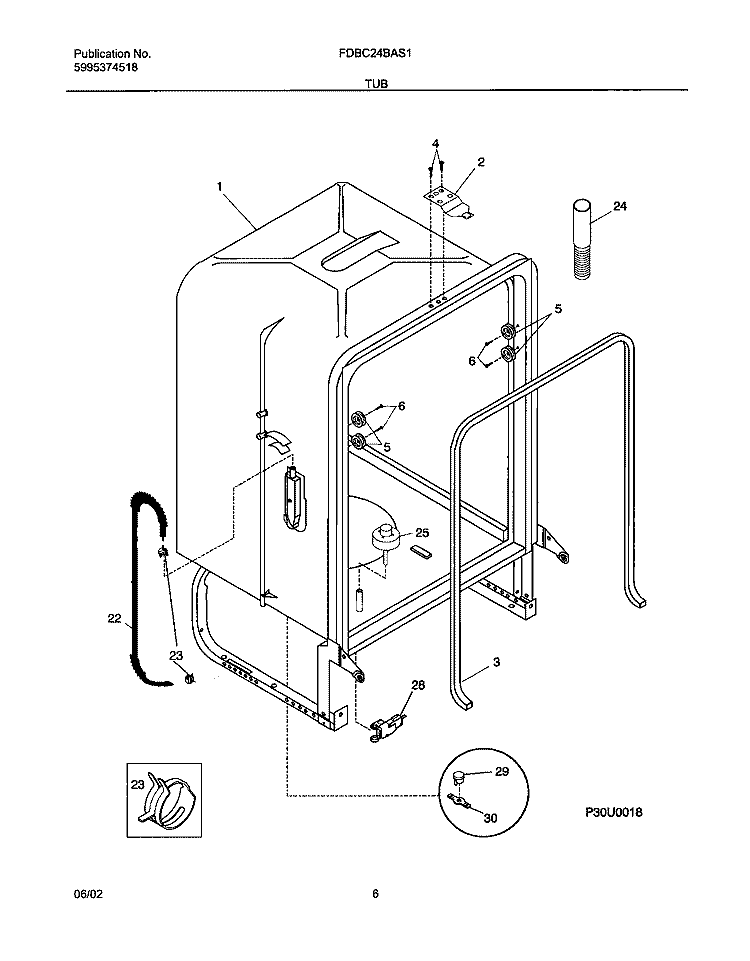 TUB Diagram and Parts List for FDBC24BAS1  Frigidaire Dishwasher