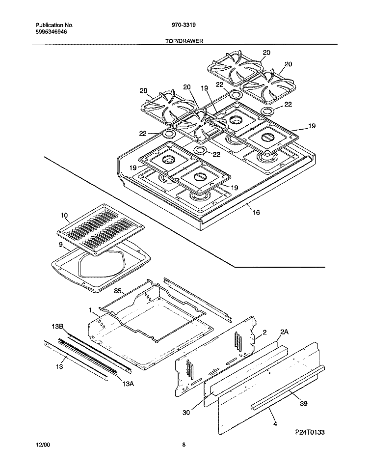 TOP / DRAWER Diagram and Parts List for FLF334BGDF  Frigidaire Range