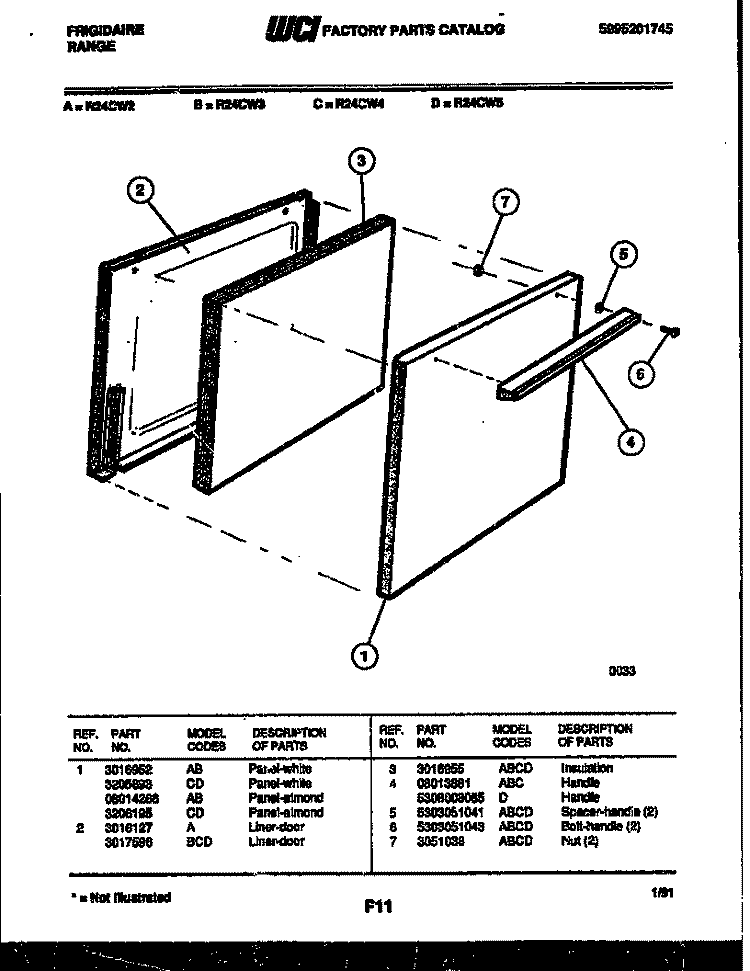 DOOR PARTS Diagram and Parts List for R24CL2  Frigidaire Range