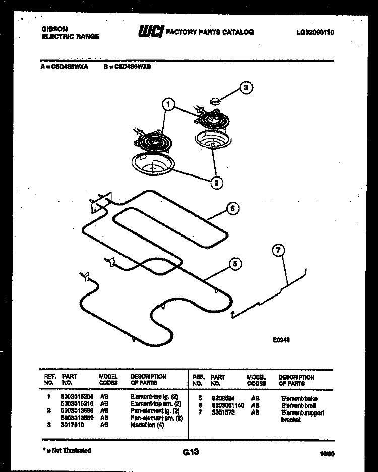 BROILER PARTS Diagram and Parts List for CEC4S6WXB  Gibson Range
