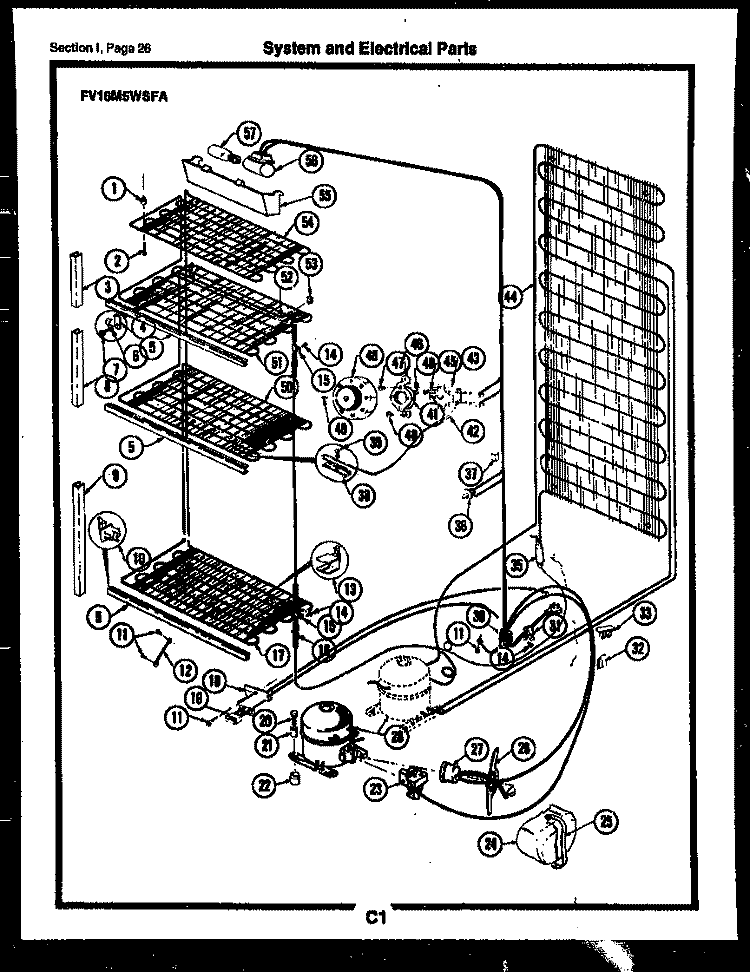 SYSTEM AND ELECTRICAL PARTS Diagram and Parts List for FV16M4WSFB  Frigidaire Freezer