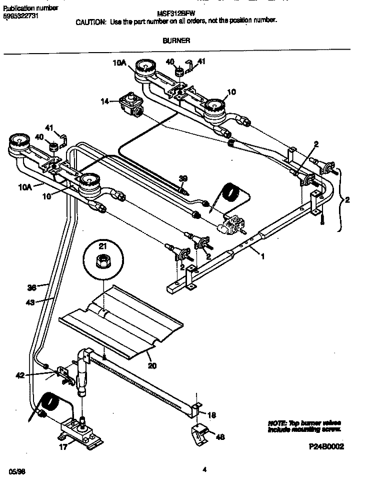BURNER Diagram and Parts List for MSF312BFWD  Frigidaire Range