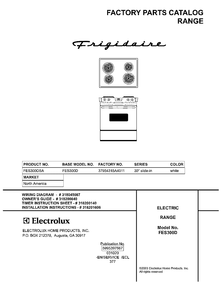 COVER Diagram and Parts List for FES300DSA  Frigidaire Range
