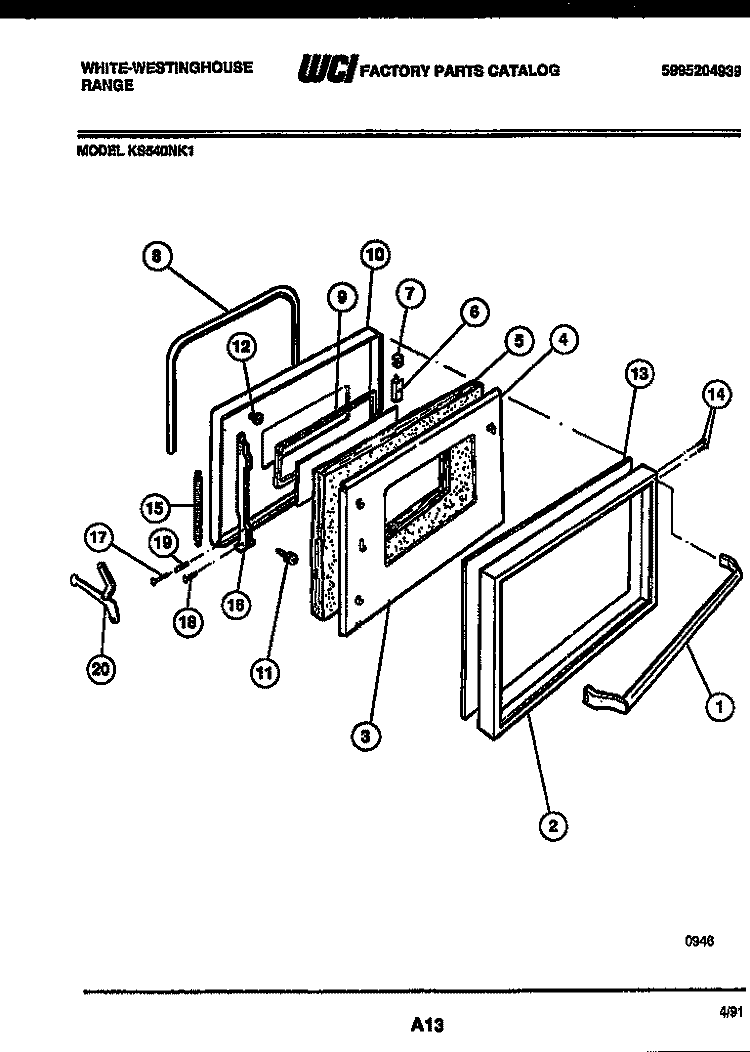 DOOR PARTS Diagram and Parts List for KS540NKW1  Frigidaire Range