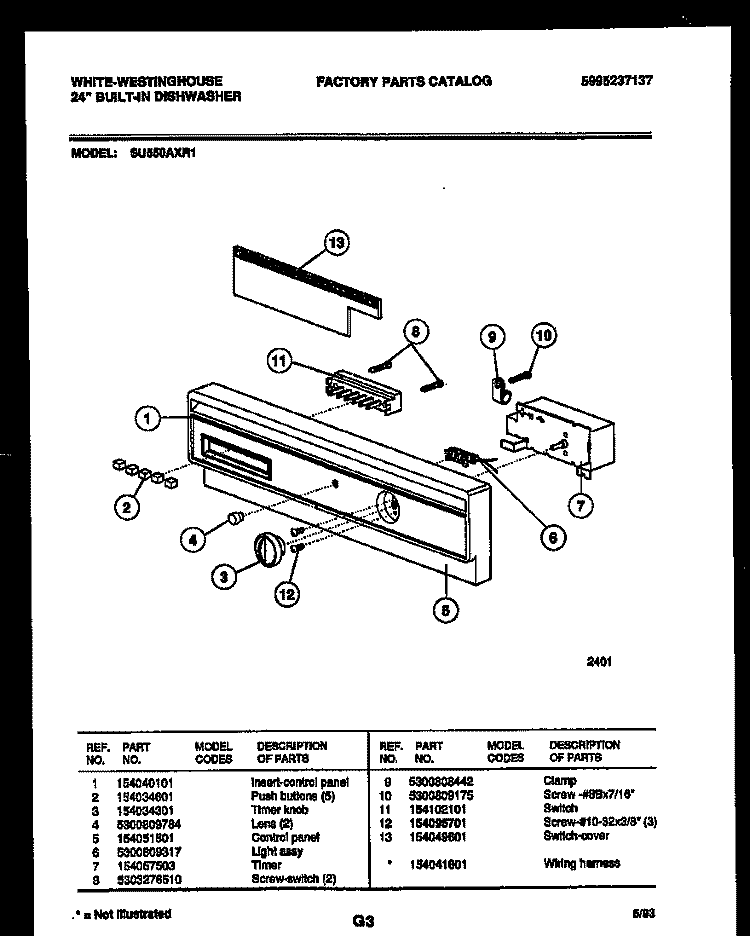 CONSOLE AND CONTROL PARTS Diagram and Parts List for SU550AXR1  Frigidaire Dishwasher