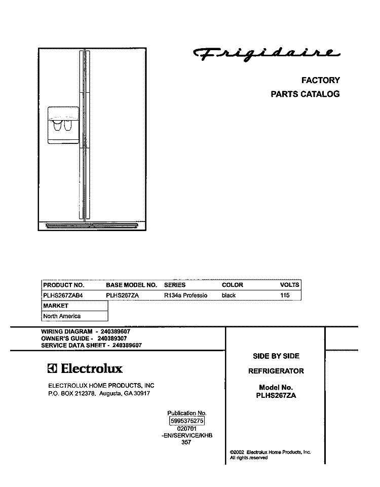 COVER Diagram and Parts List for PLHS267ZAB4  Frigidaire Refrigerator