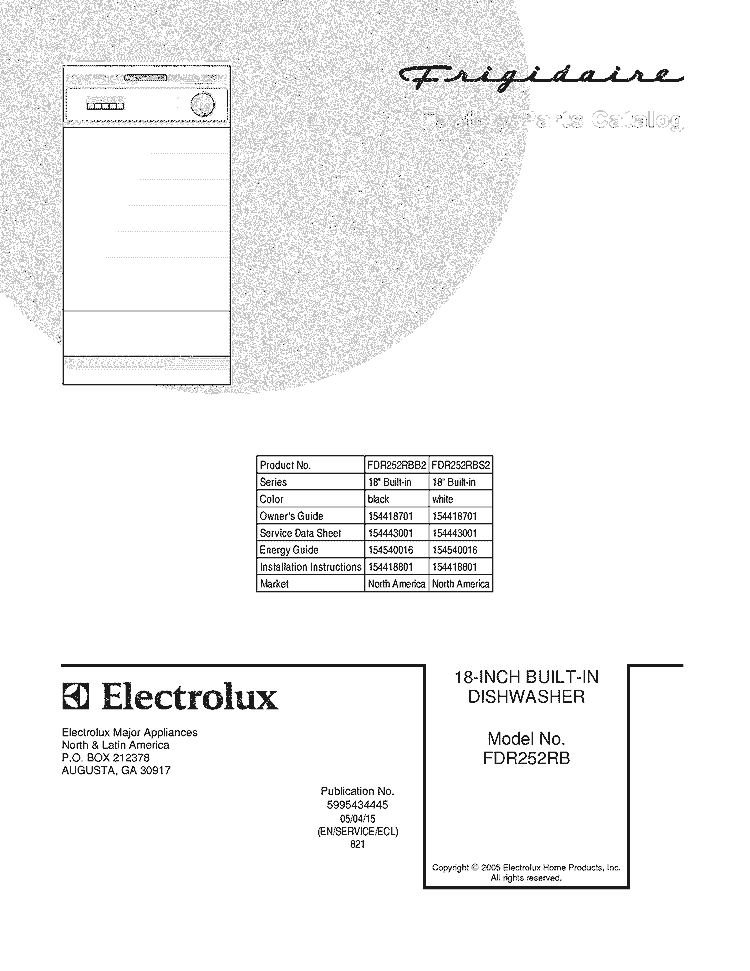 COVER Diagram and Parts List for FDR252RBS2  Frigidaire Dishwasher