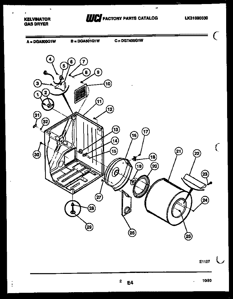 CABINET AND COMPONENT PARTS Diagram and Parts List for DGA500G1D  Kelvinator Dryer