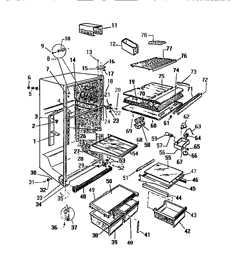 CABINET, SHELVES, DIVIDER, FAN ASSE Diagram and Parts List for RT178GCD2  Frigidaire Refrigerator