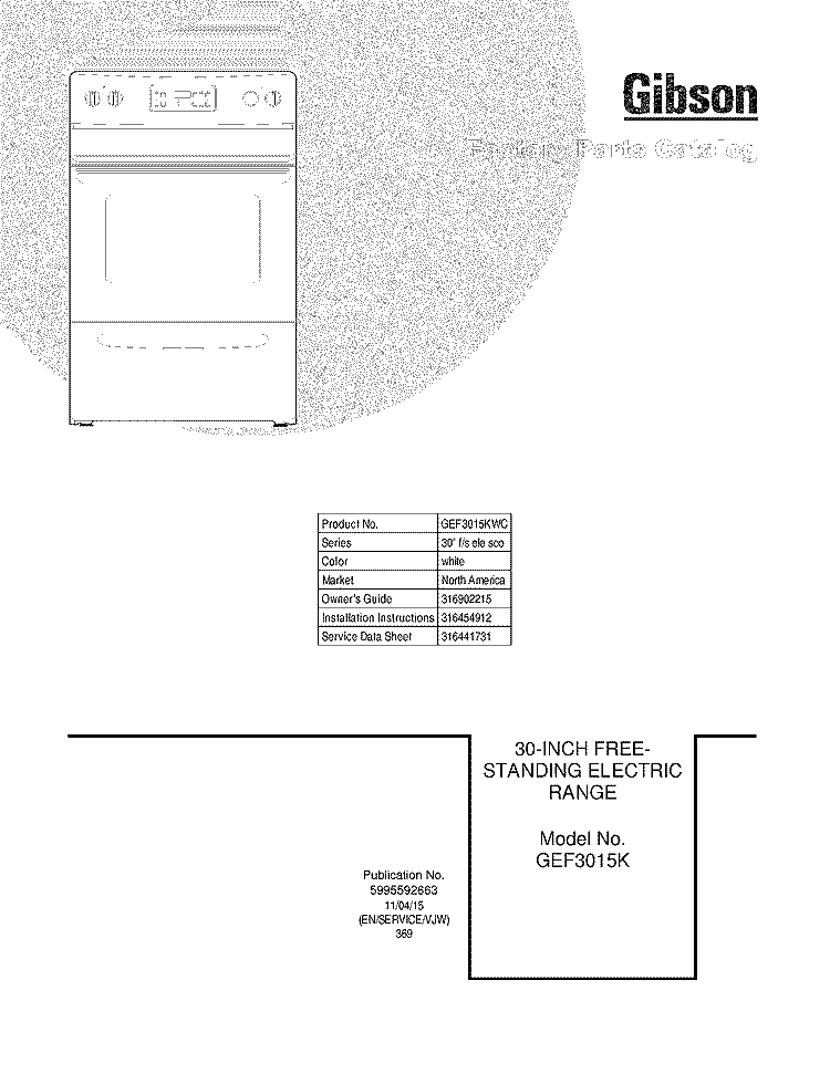 COVER Diagram and Parts List for GEF3015KWC  Gibson Range