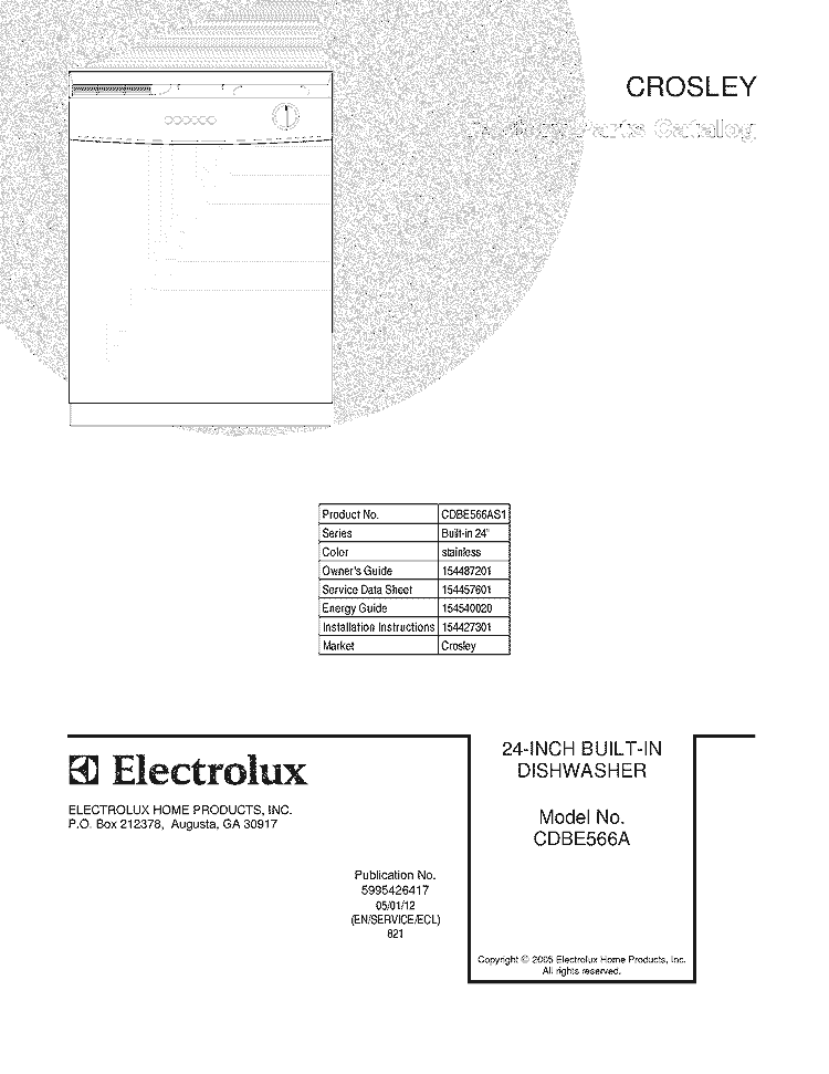 COVER Diagram and Parts List for CDBE566AS1  Crosley Dishwasher