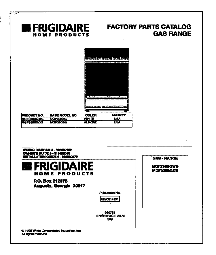 COVER Diagram and Parts List for MGF336BGDB  Frigidaire Range