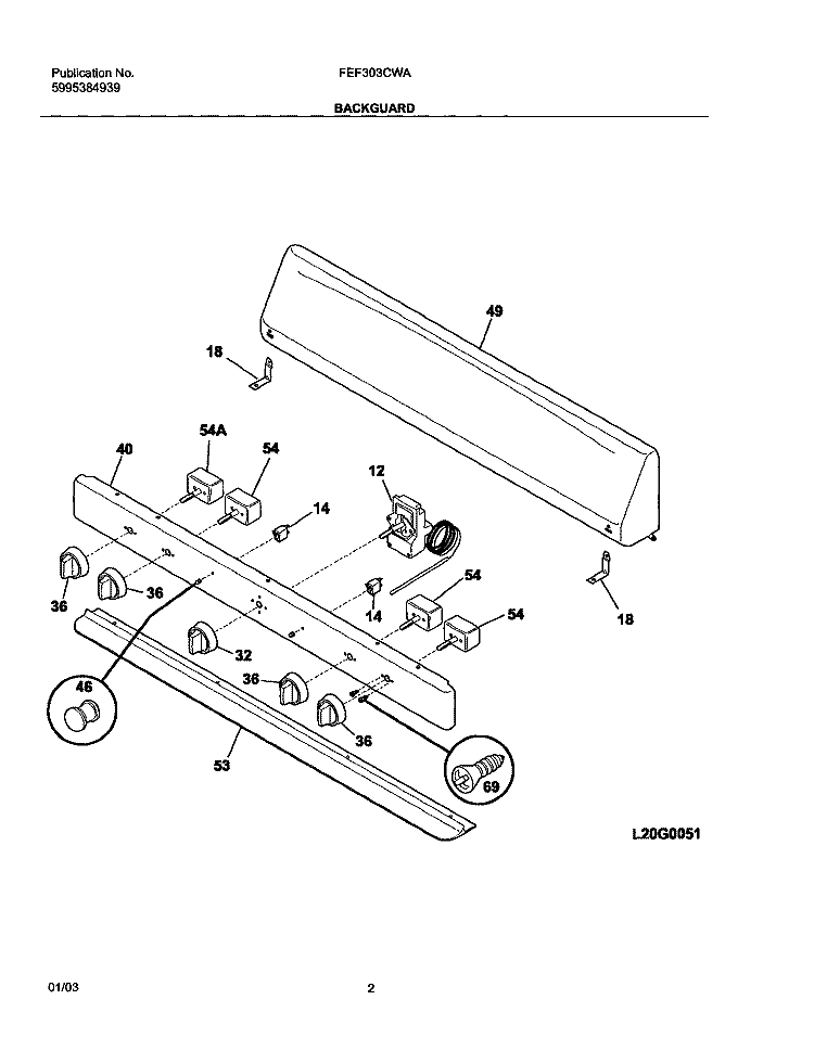 BACKGUARD Diagram and Parts List for FEF303CWA  Frigidaire Range
