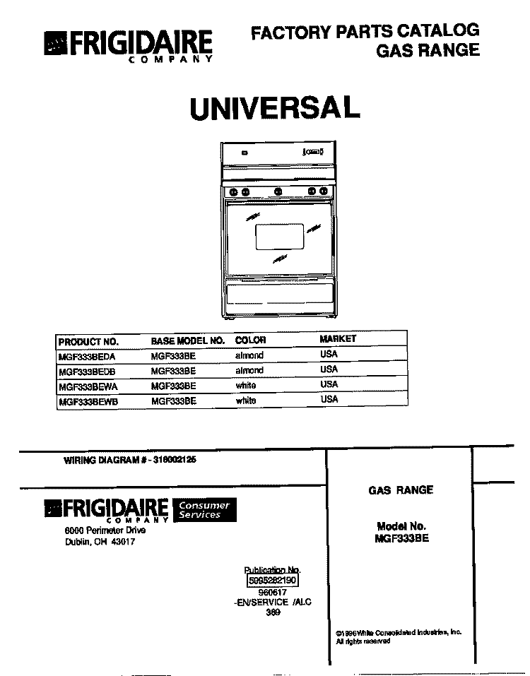 COVER Diagram and Parts List for MGF333BEWA  Frigidaire Range