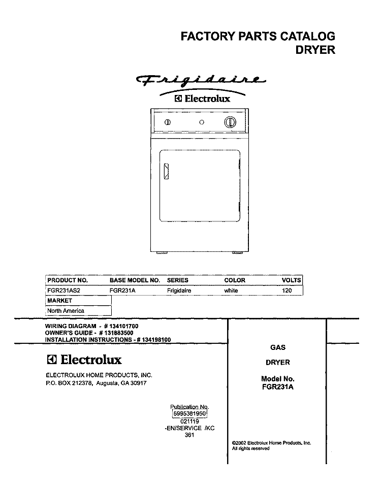 COVER Diagram and Parts List for FGR231AS2  Frigidaire Dryer