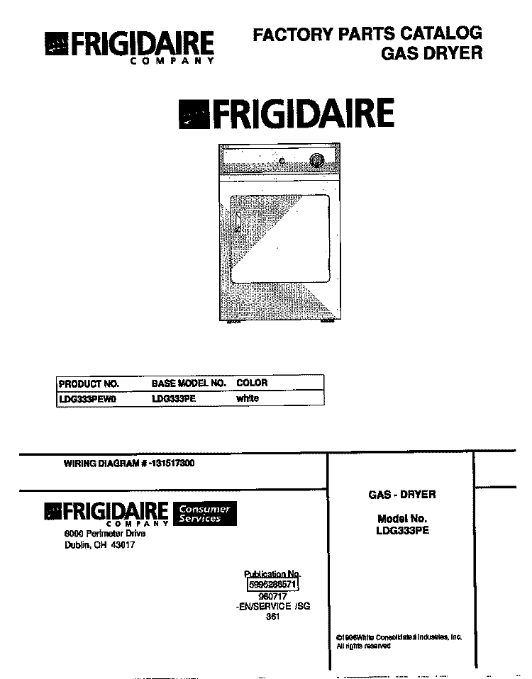 COVER Diagram and Parts List for LDG333PEW0  Frigidaire Dryer