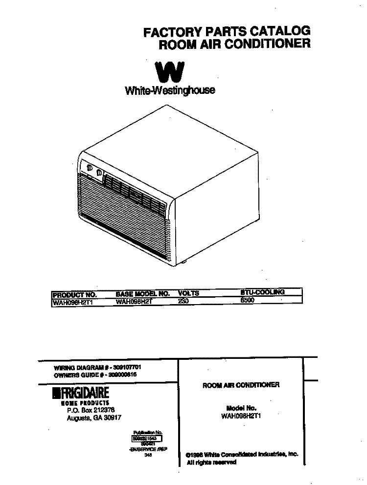 COVER Diagram and Parts List for WAH096H2T1  Frigidaire Air Conditioner