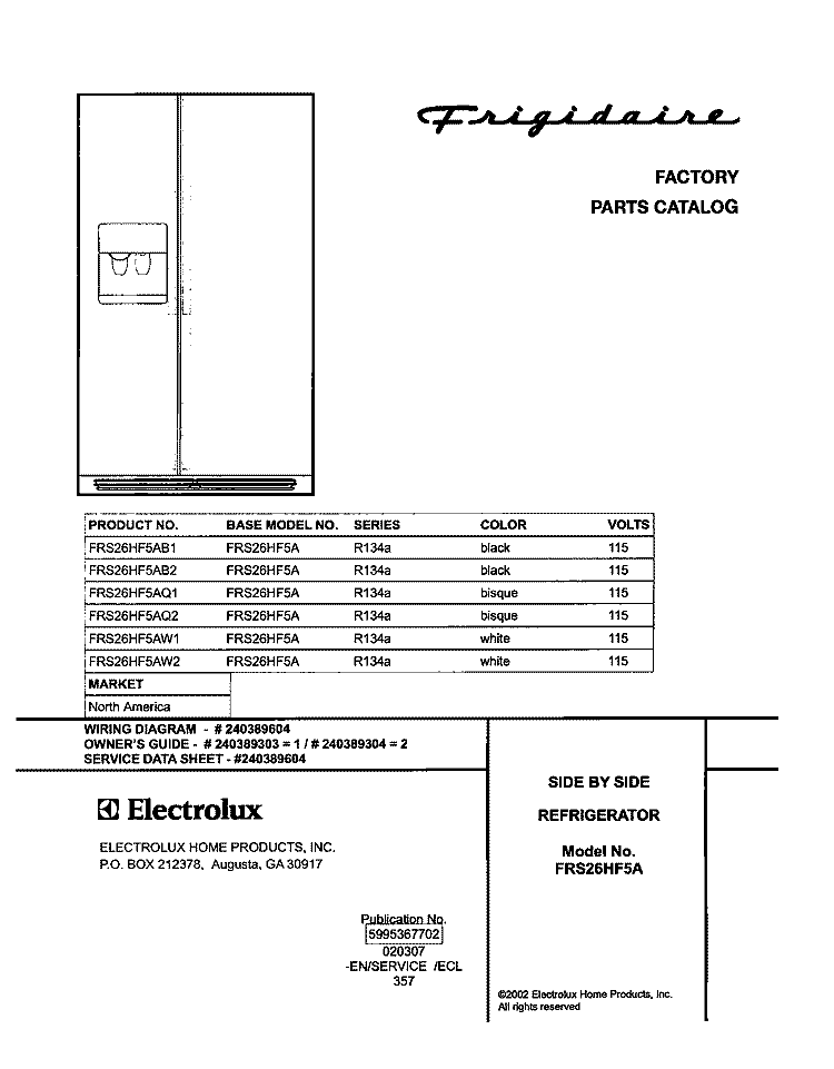 COVER Diagram and Parts List for FRS26HF5AQ2  Frigidaire Refrigerator