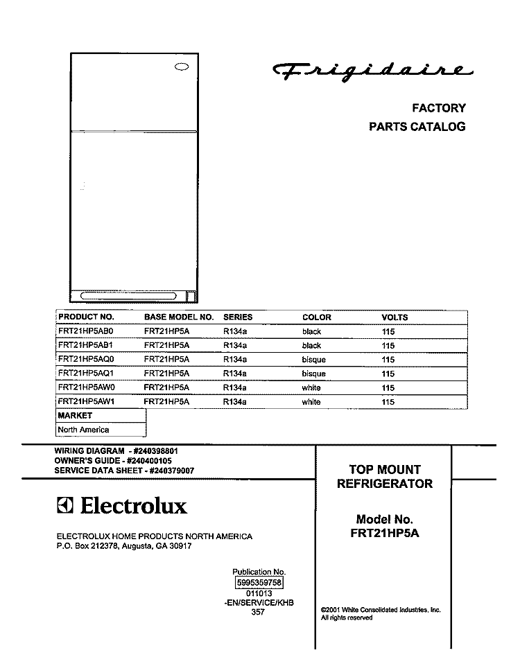 COVER Diagram and Parts List for FRT21HP5AB1  Frigidaire Refrigerator