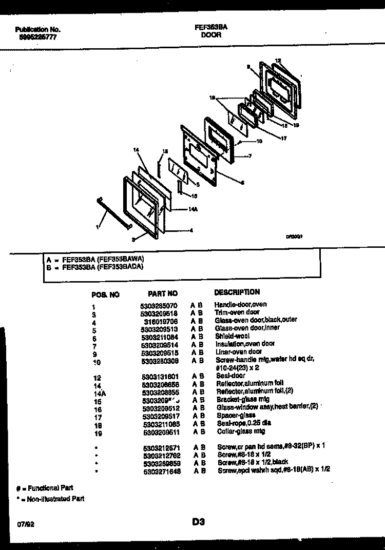 DOOR PARTS Diagram and Parts List for FEF353BAWA  Frigidaire Range