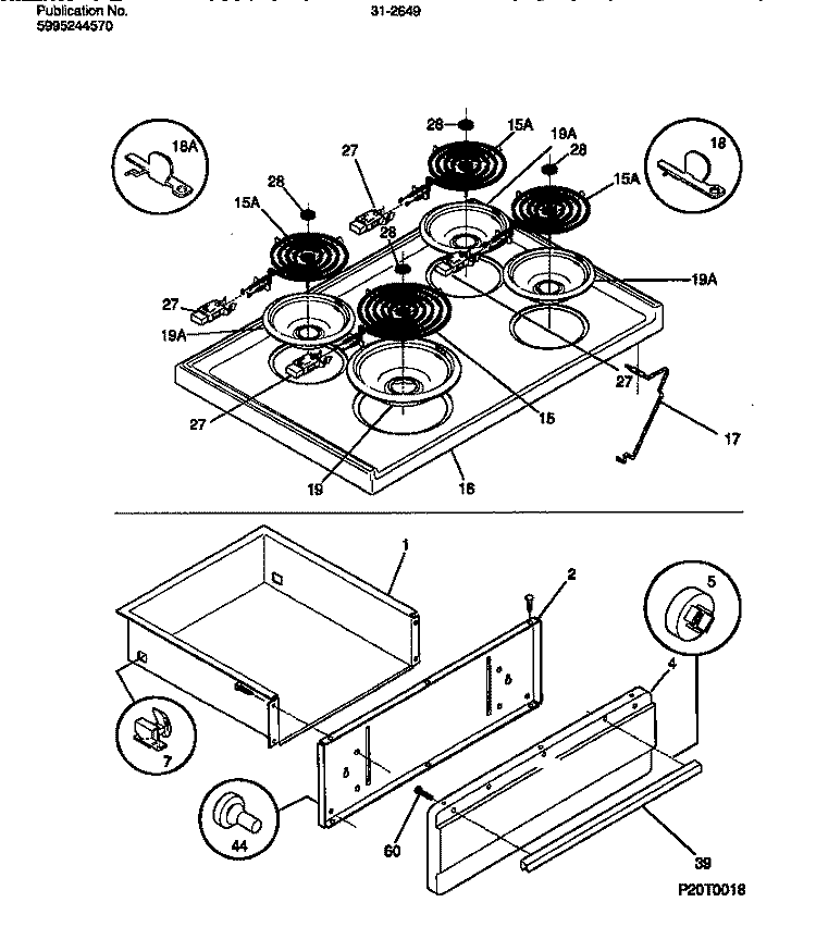 TOP / DRAWER Diagram and Parts List for 31-2649-00-06  Tappan Range