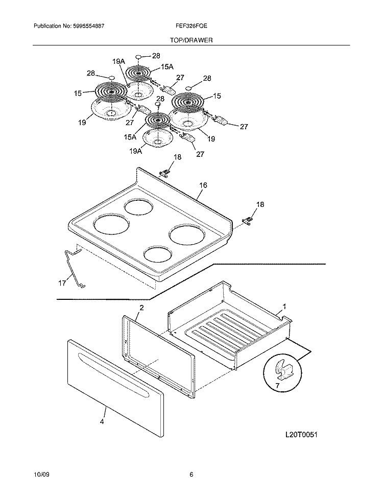 TOP/DRAWER Diagram and Parts List for FEF326FQE  Frigidaire Range