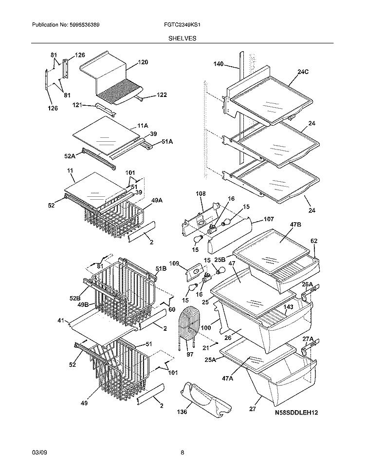 SHELVES Diagram and Parts List for FGTC2349KS1  Frigidaire Refrigerator