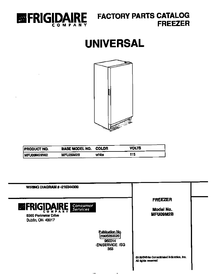 COVER Diagram and Parts List for MFU09M2BW2  Frigidaire Freezer