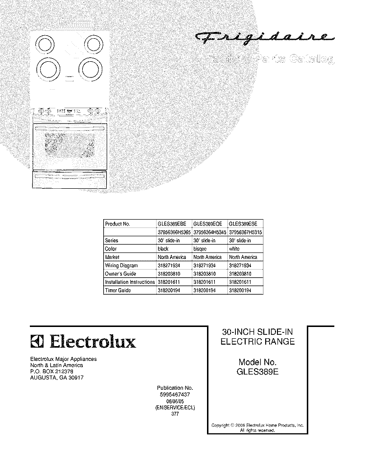 COVER Diagram and Parts List for GLES389EBE  Frigidaire Range