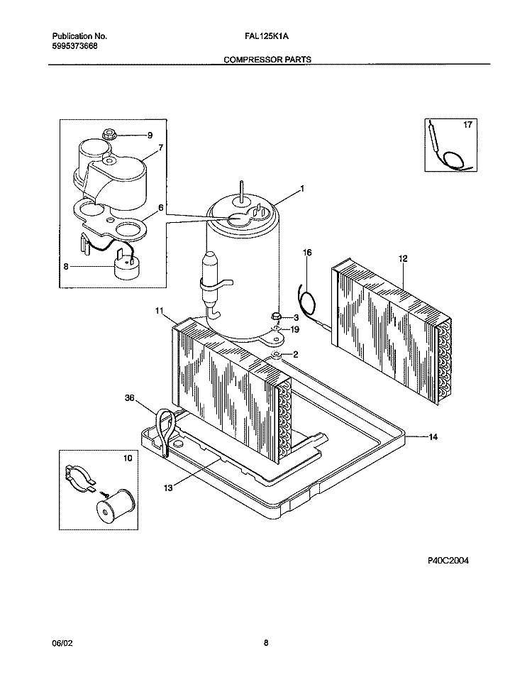 COMPRESSOR PARTS Diagram and Parts List for FAL125K1A5  Frigidaire Air Conditioner