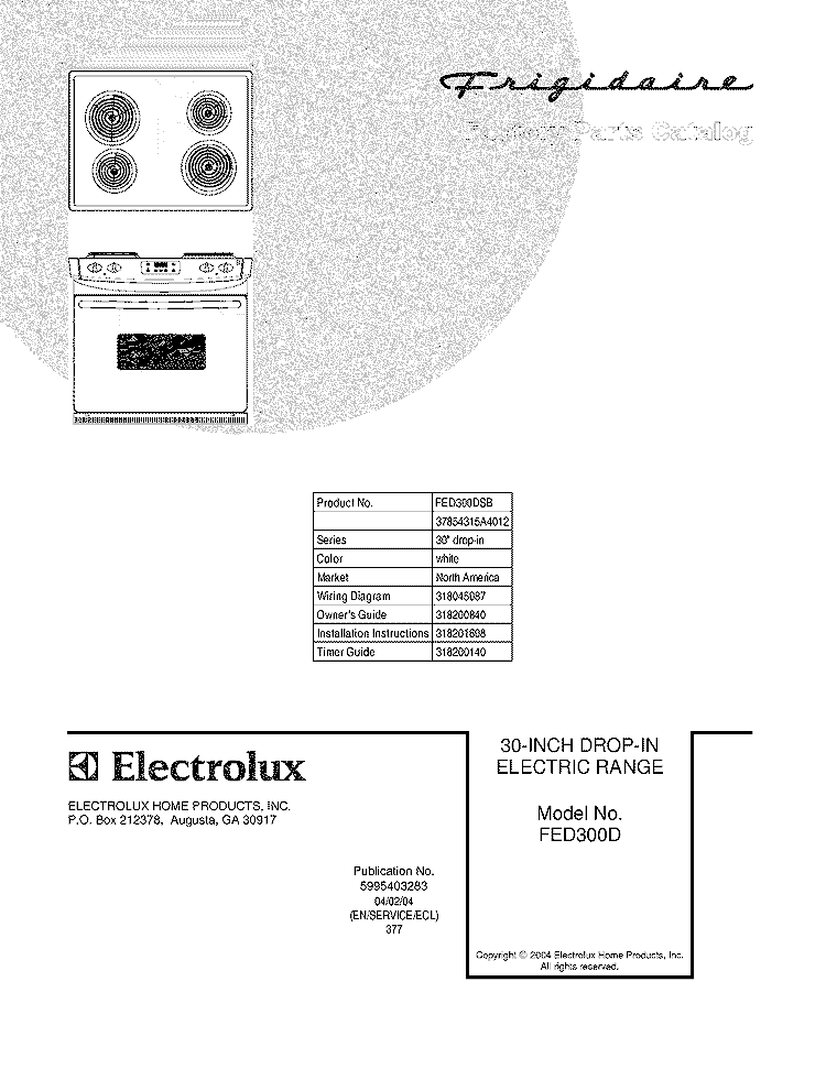 COVER Diagram and Parts List for FED300DSB  Frigidaire Range