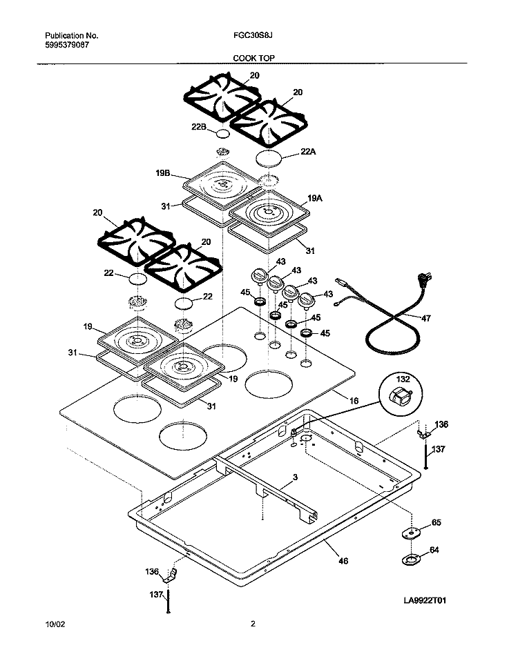 MAINTOP Diagram and Parts List for FGC30S8JBA  Frigidaire Cooktop