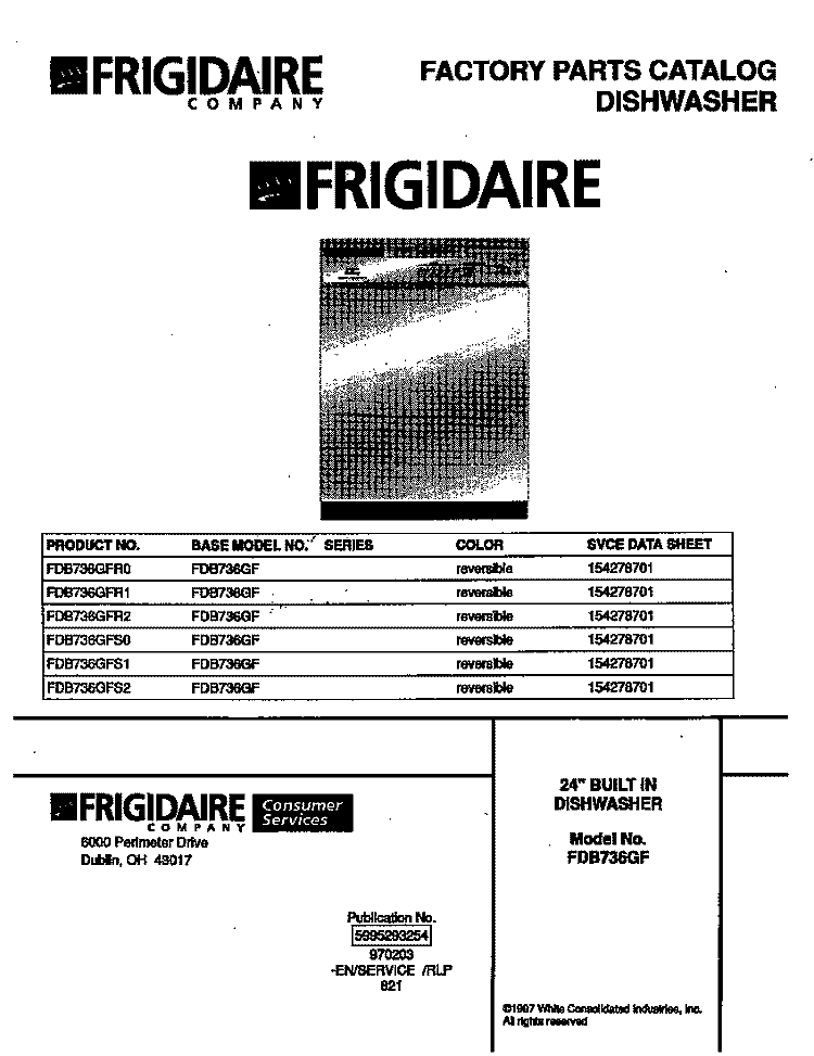 COVER Diagram and Parts List for FDB736GFS2  Frigidaire Dishwasher