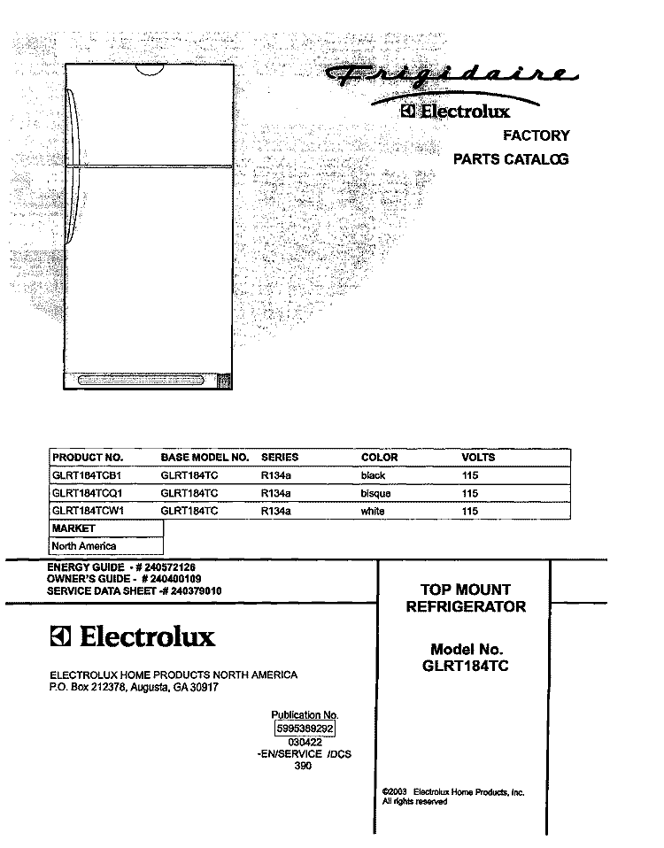 COVER Diagram and Parts List for GLRT184TCB1  Frigidaire Refrigerator