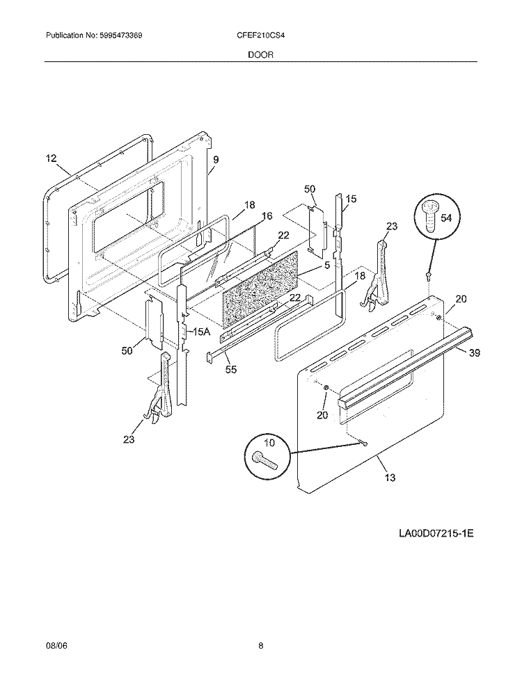 DOOR Diagram and Parts List for CFEF210CS4  Frigidaire Range