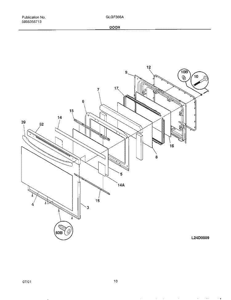DOOR Diagram and Parts List for GLGF366AQA  Frigidaire Range