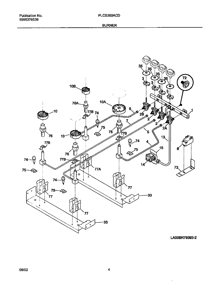 BURNER Diagram and Parts List for PLCS389ACD  Frigidaire Range