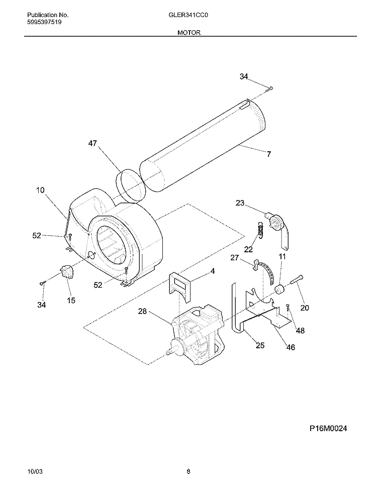 MOTOR Diagram and Parts List for GLER341CC0  Frigidaire Dryer