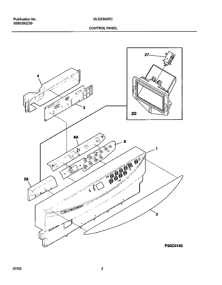 CONTROL PANEL Diagram and Parts List for GLD2350RCQ0  Frigidaire Dishwasher
