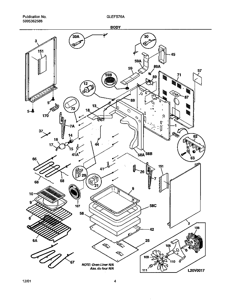 BODY Diagram and Parts List for GLEFS76AQE  Frigidaire Range