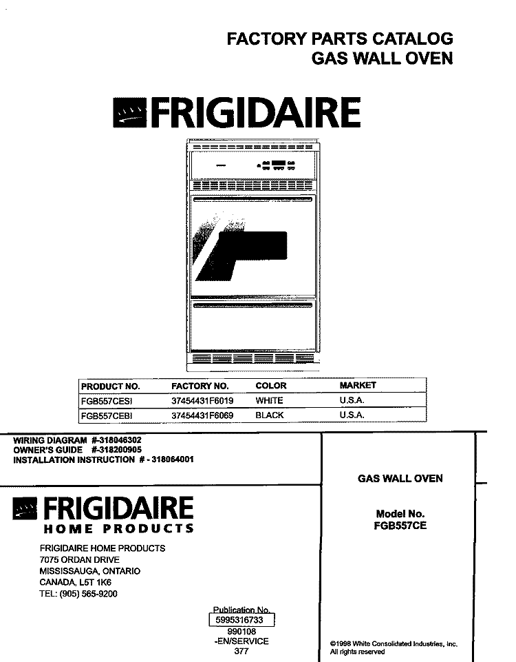 COVER Diagram and Parts List for FGB557CEBI  Frigidaire Wall Oven