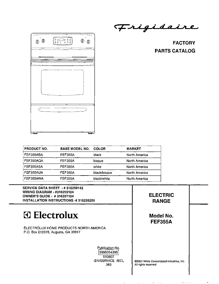 COVER Diagram and Parts List for FEF355AUA  Frigidaire Range