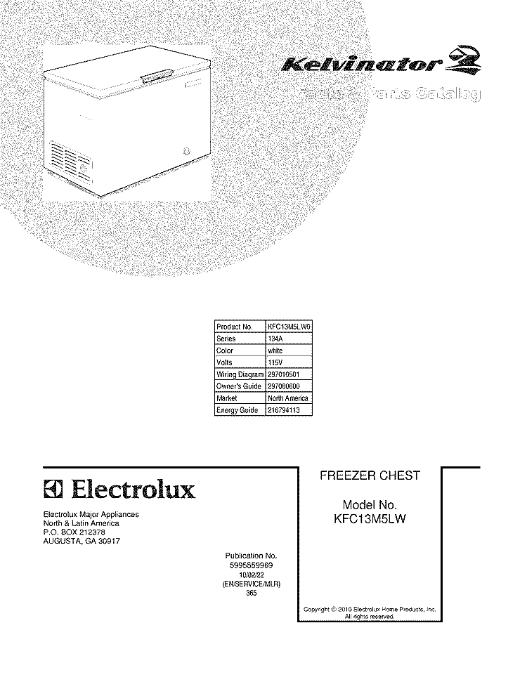 COVER Diagram and Parts List for KFC13M5LW0  Frigidaire Freezer