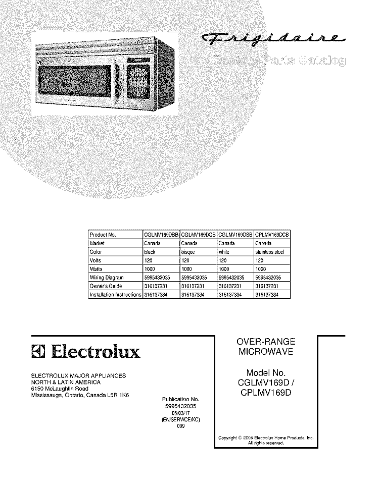 COVER Diagram and Parts List for CGLMV169DSB  Frigidaire Microwave