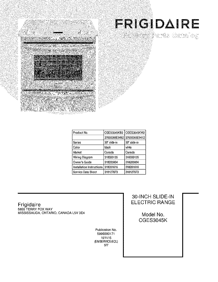 COVER Diagram and Parts List for CGES3045KB2  Frigidaire Wall Oven
